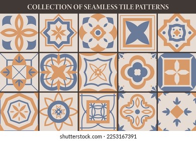 Colección de patrones de mosaico geométrico sin fisuras - texturas de tejas vintage. Bonitos y decorativos fondos ornamentales. Impresiones repetibles de vectores.