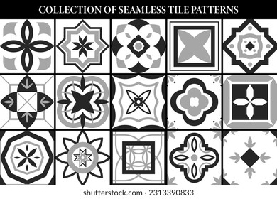 Collection of seamless geometric mosaic patterns - black and white tile textures. Decorative ornamental monochrome backgrounds. Vector repeatable tileable prints.