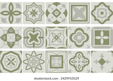 Collection of seamless geometric mosaic patterns - trendy green tile textures. Decorative ornamental backgrounds. Vector repeatable tileable prints