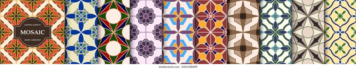 Collection of seamless geometric mosaic patterns - beautiful creative tile textures. Decorative color ornamental backgrounds. Vector repeatable prints