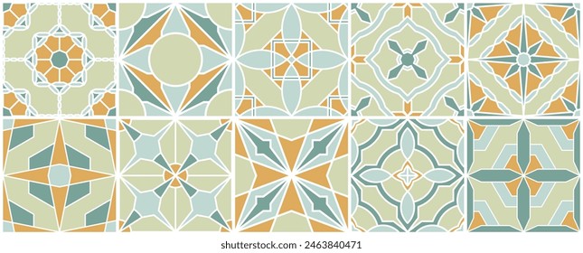 Colección de patrones de mosaicos geométricos sin fisuras - texturas de azulejos de colores de moda. Fondos ornamentales brillantes decorativos. Vector de copias repetibles