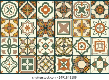 Collection of seamless geometric mosaic patterns - trendy color tile textures. Decorative bright ornamental backgrounds. Vector repeatable prints