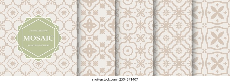 Colección de patrones de mosaico geométrico sin costuras: texturas de azulejos de moda. Fondos delicados ornamentales decorativos. Vector de impresiones repetibles