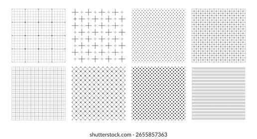 Kollektion nahtloser geometrischer Ornamensmuster und -muster. Monochrome, wiederholbare Hintergründe in verschiedenen Stilen auf transparentem Hintergrund.