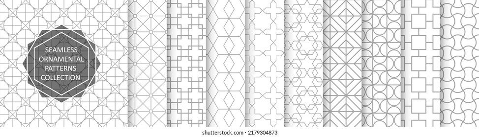 Collection of seamless geometric ornamental vector patterns. Elegant repeatable oriental backgrounds. Symmetric endless white and gray textures.