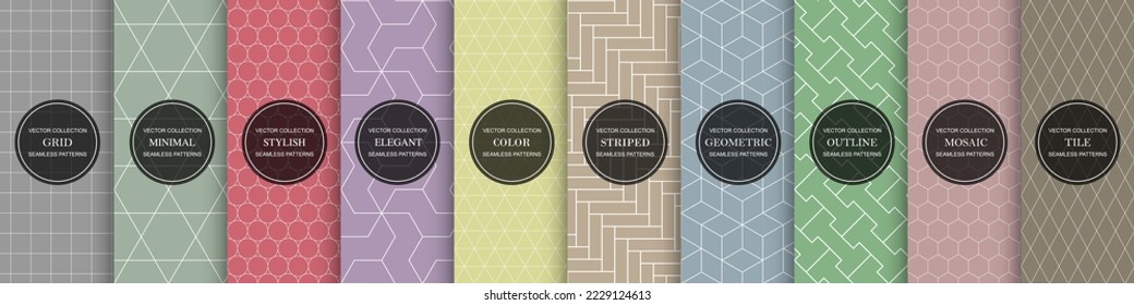 Collection of seamless geometric ornamental vector patterns. Colorful repeatable oriental minimalistic backgrounds. Symmetric endless elegant textures. Ornate simple prints