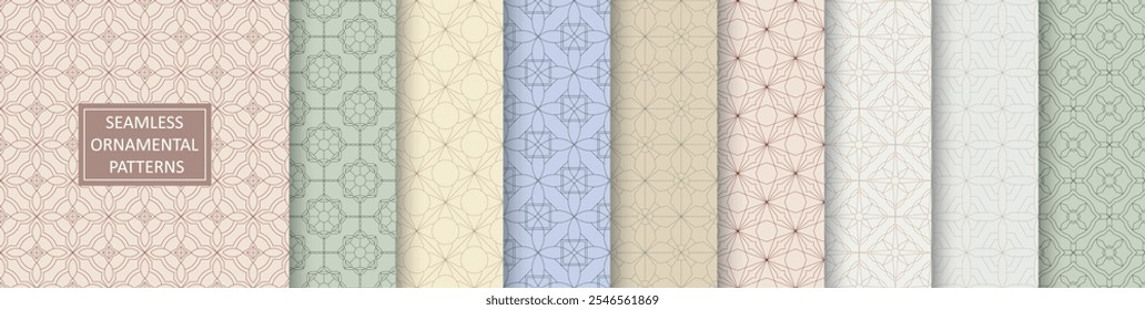 Coleção de padrões de vetores ornamentais geométricos sem costura. Azulejo colorido belo contorno oriental delicado fundos. Texturas simétricas - impressões elegantes