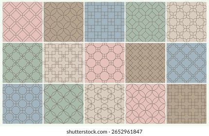 Colección de patrones de Vector ornamentales geométricos sin costuras. Azulejo de fondos vintage oriental. Colores pastel de moda - diseño delicado. Impresiones de tela infinitas en estilo retro