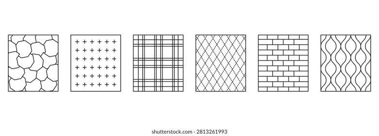 Collection of seamless geometric patterns, abstract black line vector illustrations including bricks, waves, plaid, crosses, grids, and cracks.