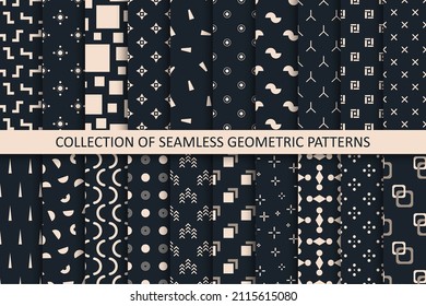 Colección de patrones geométricos sin fisuras. Antecedentes minimalistas de repetición negra. Texturas de mosaico interminables. Impresiones oscuras de moda