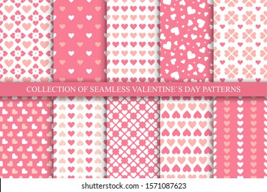 Collection of seamless geometric patterns with hearts in pink colors. Сute backgrounds for Valentine's day.