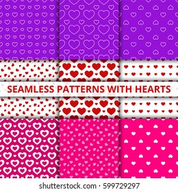 Collection seamless geometric patterns with hearts. Vector illustration.