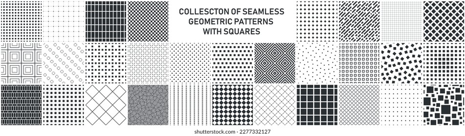 Collection of seamless geometric patterns with squares. Black and white endless mosaic textures. Monochrome unusual simple backgrounds.