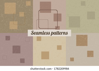 Collection of seamless geometric patterns in the style of minimalism. Squares and abstract elements on a light background. Vector illustration for decorative design and texture. 