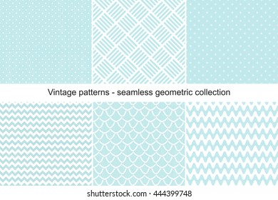 Collection of seamless geometric patterns in vintage style. White patterns on brushed blue surface.