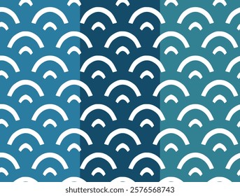 A collection of seamless geometric wave patterns in shades of blue with minimalist curved shapes. Perfect for textiles, wallpapers, and modern design projects.