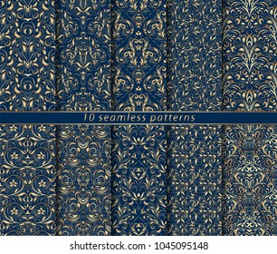 Collection of seamless gold patterns on blue background. Rich ornamentation in the Baroque style. Ten vector illustrations for textile design, packaging, printing or paper.