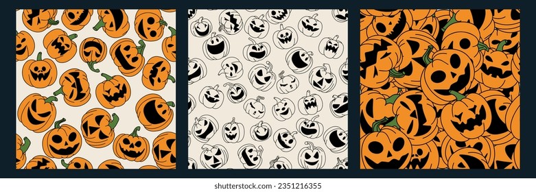 Sammlung nahtloser Halloween-Muster. Muster mit Jack o Lantern.  Nahtloses Muster mit Halloween Kürbisset. Vektorgrafik.
