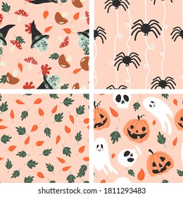 Collection of seamless halloween patterns in childish doodle style. Retro colors, funny autumn textures with ghosts, witch, black cats, spiders, bats, sculls and pumpkins