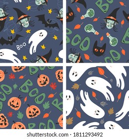 Collection of seamless halloween patterns in childish doodle style. Retro colors, funny autumn textures with ghosts, witch, black cats, spiders, bats and pumpkins