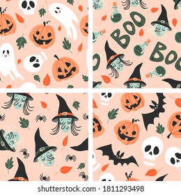 Collection of seamless halloween patterns in childish doodle style. Retro colors, funny autumn textures with ghosts, witch, black cats, spiders, bats, sculls and pumpkins