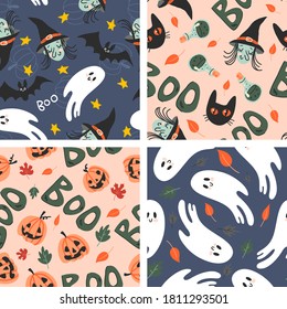 Colección de patrones de halloween sin fisuras en estilo de doodle infantil. Colores retro, divertidas texturas otoñales con fantasmas, bruja, gatos negros, arañas, murciélagos y calabazas