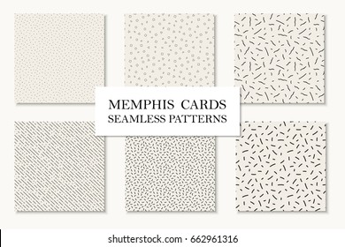 Collection of seamless hand drawn memphis patterns, cards. Mosaic textures. Trendy repetitive backgrounds. Retro design 80 - 90s.