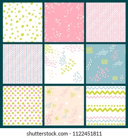 Collection of seamless hand drawn  patterns. Mosaic textures. Trendy repetitive backgrounds