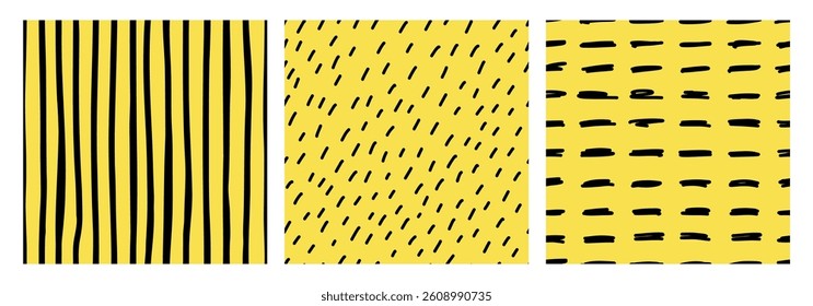Collection of seamless hand drawn patterns with black dashes, stripes, and irregular lines on a yellow background. Ideal for textile design, wrapping paper, branding, and modern creative projects