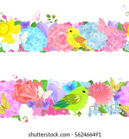 collection of seamless horizontal borders with lovely flowers and cute birds for your design