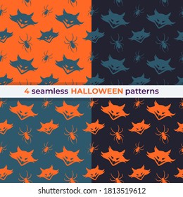 Collection of seamless horror patterns for Helloween. Devil cat smile. Black witch cat grin, wild vimpire animal teeth with spiders around. 