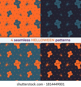 Collection of seamless horror patterns for Helloween. Graves or tombs in cemetery and spiders around. Differect color pallets.