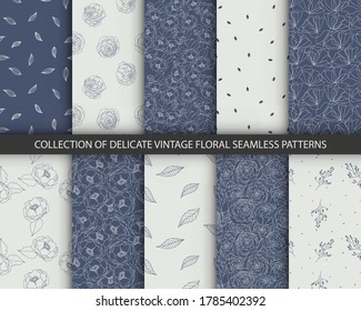 Collection of seamless leaves pattern. Delicate plant exotic textures in blue and light blue colors. Summer backgrounds