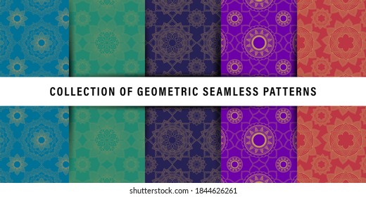 A collection of seamless mandala patterns in purple, green, orange, blue, oriental style, perfect for your design templates such as backgrounds, web designs, posters, banners, books, illustrations, et
