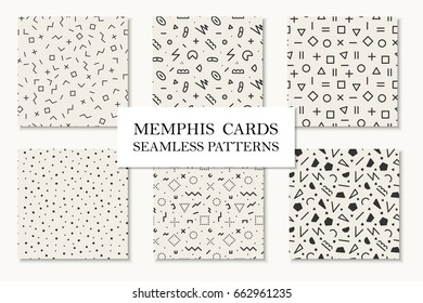Collection of seamless memphis geometric patterns, cards. Mosaic shapes design, Trendy repetitive backgrounds. Retro fashion style 80 - 90s.