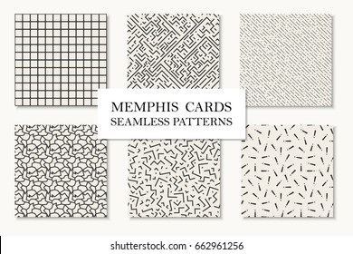 Collection of seamless memphis geometric patterns, cards. Trendy repetitive backgrounds. Retro fashion style 80 - 90s.