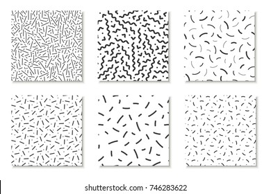 Collection of seamless  memphis patterns, cards. Mosaic black and white textures. Fashion design 80 - 90s.