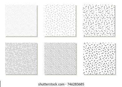 Collection of seamless  memphis patterns, cards. Mosaic black and white textures. Fashion design 80 - 90s.