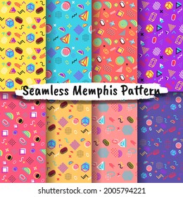 Collection of Seamless Memphis Style Patterns. Abstract graphic design memphis pattern. Seamless memphis style background pattern.
