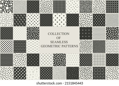 Collection of seamless monochrome geometric patterns.  Minimalistic endless black and gray backgrounds. Trendy textile prints