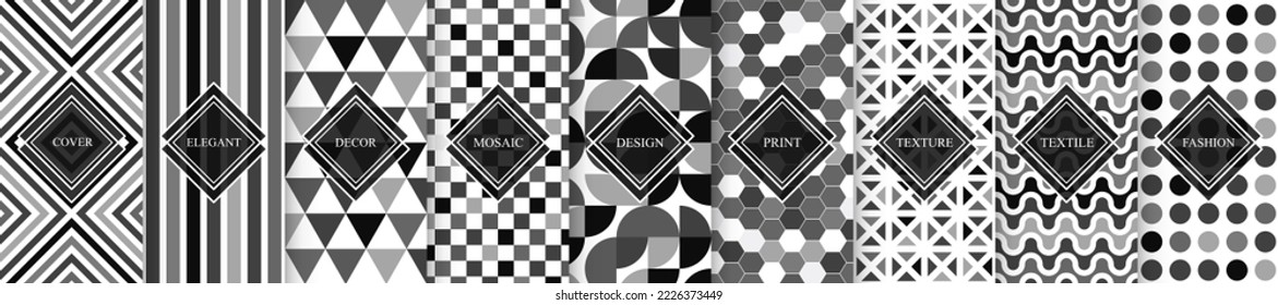 Colección de patrones geométricos monocromos sin fisuras. Tejas infinitas de mosaicos blancos y negros. Resumen de antecedentes textiles inusuales.