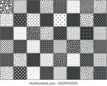 Colección de motivos geométricos monocromos sin costuras. Fondos grises sin fin minimalistas. Estampados textiles de moda con símbolos