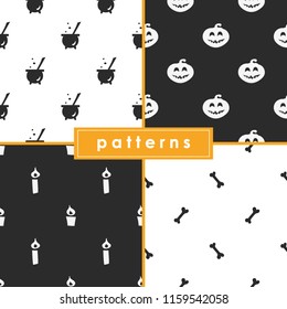 A collection of seamless monochrome patterns for the celebration of Halloween.