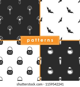 A collection of seamless monochrome patterns for the celebration of Halloween.