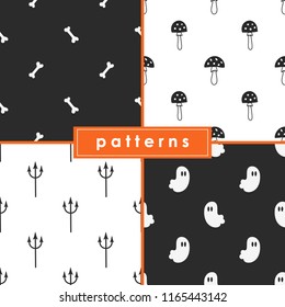 A collection of seamless monochrome patterns for the celebration of Halloween.