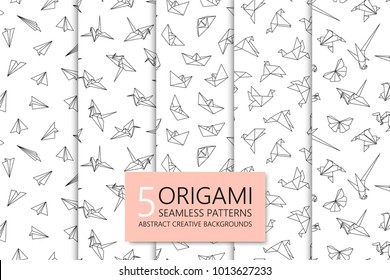 Collection of seamless origami patterns. Abstract creative backgrounds.