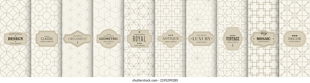 Collection of seamless ornamental elegant geometric patterns. Vector repeatable oriental luxury backgrounds. Beige vintage design. Endless grid symmetric textures. 