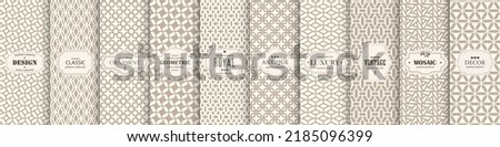 Collection of seamless ornamental elegant geometric patterns - beige symmetric vintage design. Endless grid textures. Vector repeatable antique backgrounds