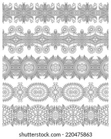 collection of seamless ornamental floral stripes, black and white collection. Vector illustration