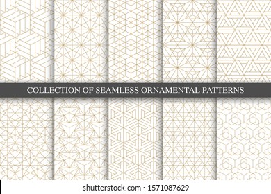 Collection of seamless ornamental geometric minimalistic patterns. Luxury trendy grid backgrounds. Creative linear gold texture.
